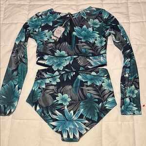 RashGaurd Long Sleeve One Piece Swimsuit Floral Blue Teal